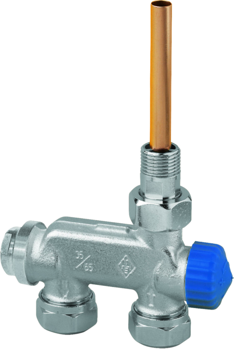 Heimeier E-Z-Ventil-Einrohrsystem 3876-02.000 Durchgang, DN 15, Bauschutzkappe blau, Rotguss vernickelt