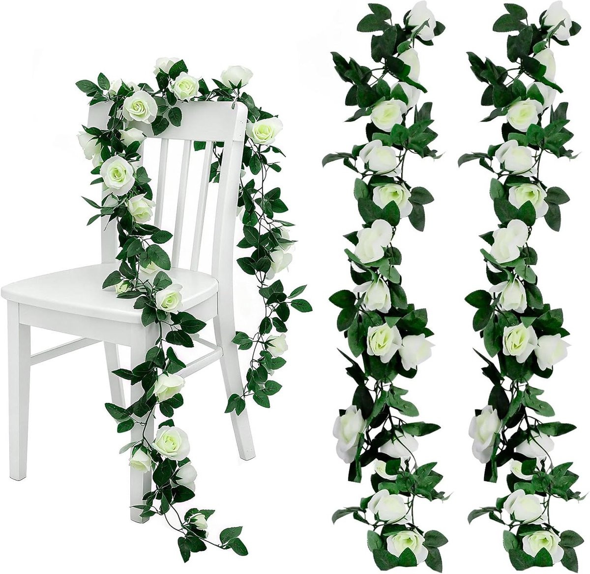 Kunstbloemenslinger met witte rozen voor bruiloftdecoratie, 2 meter lang