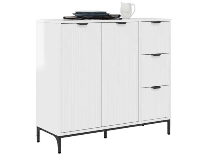 KTHLBRH Anrichte weiß glänzend 89,5 x 33 x 82 cm Holz mehrschichtig 3 Schubladen, 2 Scharniertüren, schwarze Griffe, Wandbefestigung, 60 kg Kapazität