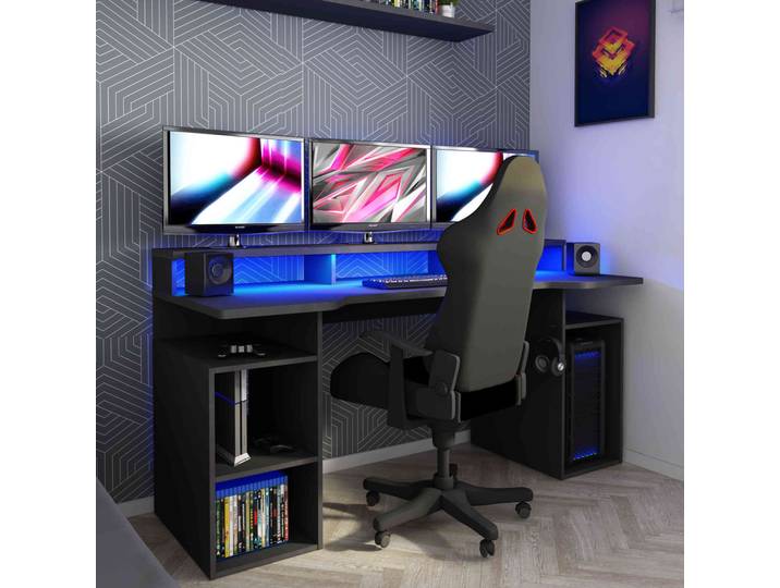 Bureau gaming avec niches en bois anthracite - BU9033