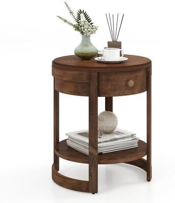 Costway 2-Tier Round End Table Mid Century Modern Nightstand with Drawer and Shelf