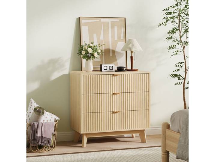 Commode 3 tiroirs à rainures finition chêne naturel grand rangement pour chambre salon et entrée
