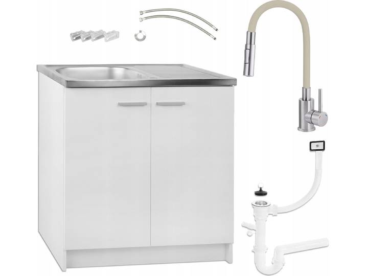 Meuble bas de cuisine Blanc 80x50 avec évier inox Robinetterie de cuisine Deante Beige Extensible 2 fonctions Siphon lave-vaisselle