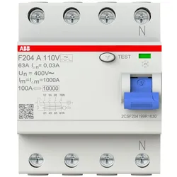 ABB F204A-63/0.03110V FI-Schalter Typ A 110V RCCB, 4P, 63A, 30mA, f.110V AC-Netz 2CSF204199R1630
