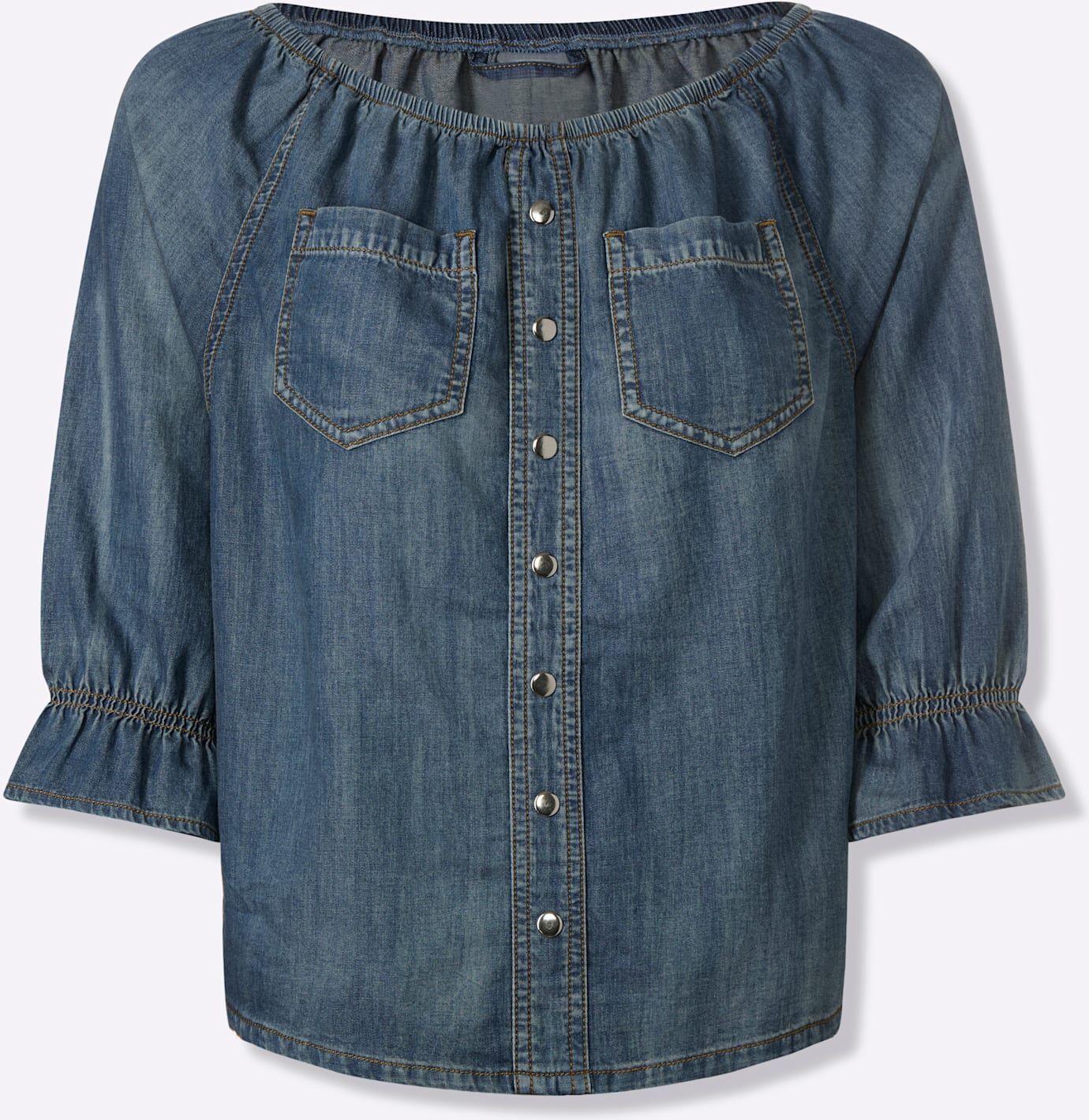Carmenbluse HEINE, Damen, Gr. 42, blau (blau, bleached), 100% Baumwolle, unifarben, Carmenausschnitt, Blusen Carmenbluse