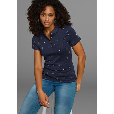 Poloshirt KANGAROOS, Damen, Gr. 48/50, blau (marine, bedruckt), Rippware, Obermaterial: 100% Baumwolle, bedruckt, sehr figurbetont hüftlang, Flachstrickbündchen, Shirts, Kurzarm, sehr figurbetont, mit Allover-Druck, aus 100% Baumwolle