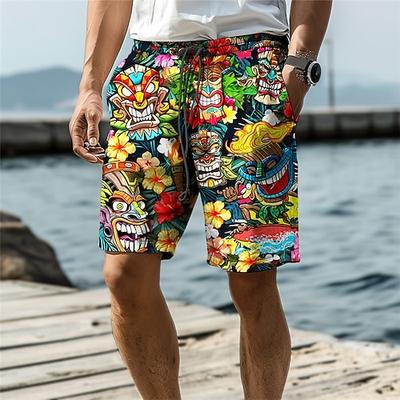 Herren Maske Indische Kultur Blumen / Pflanzen Badehosen Badeshorts Boardshorts Mittlere Taille Urlaub Hawaiianisch Ethnisch Urlaub Ferien Strand Kordelzug mit Mesh-Futter Elastischer Bund Designer