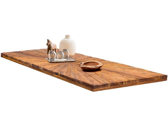 Tischplatte SIT Vence aus recyceltem Teakholz – Sonnendesign – Unikat , beige (natur), B:160cm H:5cm T:90cm, Massivholz, Tischplatten, Tischplatte, 50 mm starke Tischplatte mit extravagantem Strahlendesign