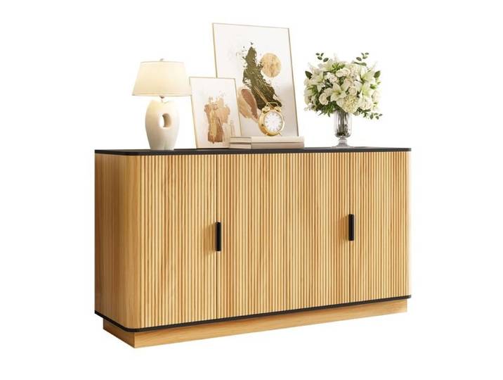 Buffet en bois naturel - Design moderne avec effet de vagues - Poignées en aluminium - Charnières silencieuses