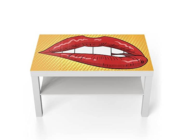 DEQORI Glastisch weiß groß 90x50 cm Motiv Auf Lippe beißen ausgefallener Beistelltisch aus Glas Hochglanz Couchtisch fürs Wohnzimmer moderner Couch Tisch mit Design