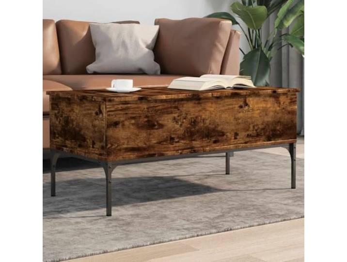 HEFZGDB Couchtisch Räuchereiche 100x50x45 cm Holzwerkstoff und Metall mit höhenverstellbarer Platte und versteckten Fächern, Beistelltisch mit verstellbaren Füßen für Stauraum