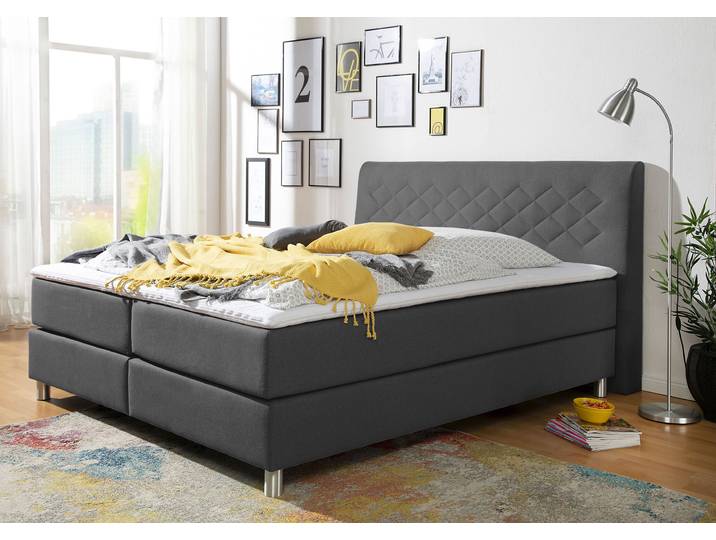 Boxspringbett, Grau, 218x160 cm, 100% Polyester, Inkl. Topper, Modern, Inosign