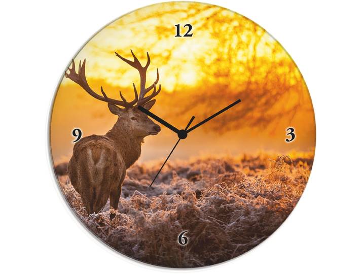 Wanduhr ARTLAND Glasuhr rund Rotwild , orange, B:30cm H:30cm T:1,8cm, Wanduhren, Wanduhr, wahlweise mit Quarz- oder Funkuhrwerk, lautlos ohne Tickgeräusche