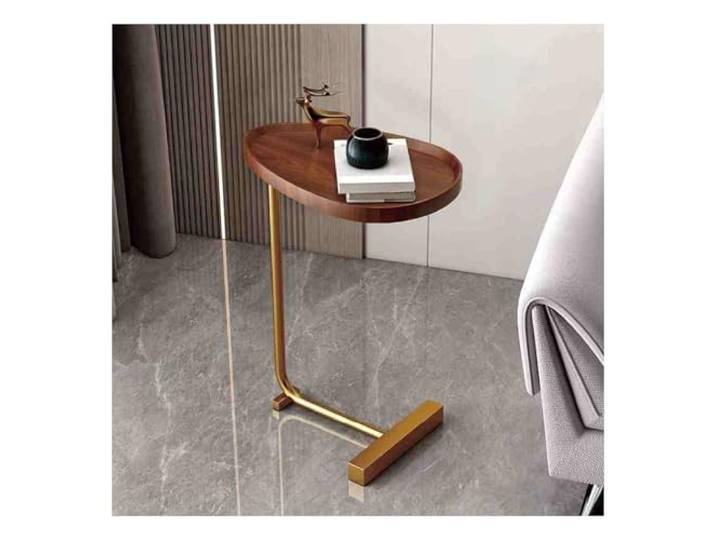 XCHtuerFY Beistelltisch, Eleganter ovaler Beistelltisch aus Holz und Metall, Nachttisch(Groove Type,Walnut Gold Legs)