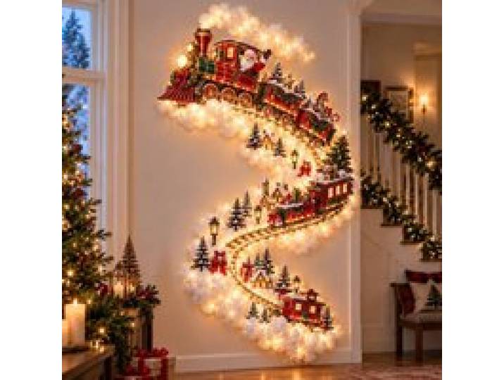 Kerstmagische wandlamp – LED-verlichte kerstdecoratie voor aan de muur, met een kerstscène, een hangende kerstman en een rendier voor feestjes.