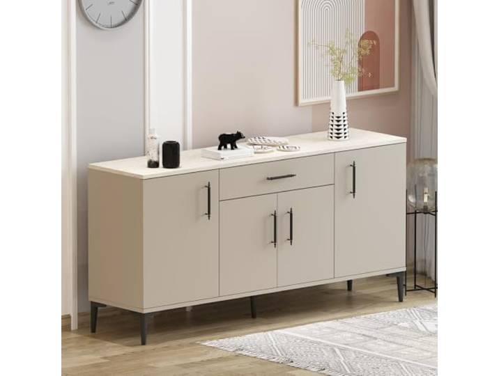 Homidea Laura Konsole – Kommode – Sideboard – TV Board – mit 4 Türen und 1 Schublade in Modernem Design 160 x 78,6 x 40 cm (Beige/Travertin)