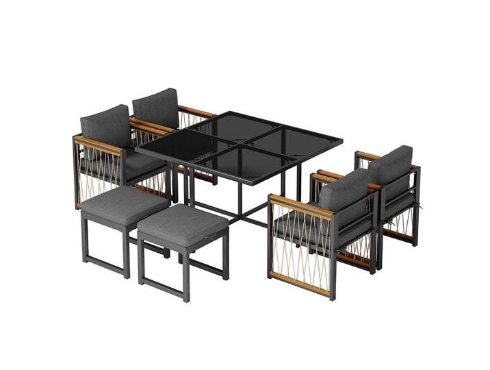 Komhtom Dining-Loungeset für 6 Personen mit Tisch aus gehärtetem Glas, Schwarz, Metall, Mode, quadratisch, Gartenmöbel, Gartengarnituren, Gartenmöbel-Sets