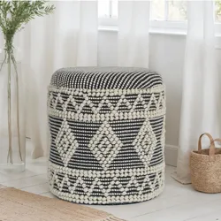 Sitzhocker FineBuy Polsterhocker Wolle Rund Grau 40 cm Boho Hocker mit Stauraum