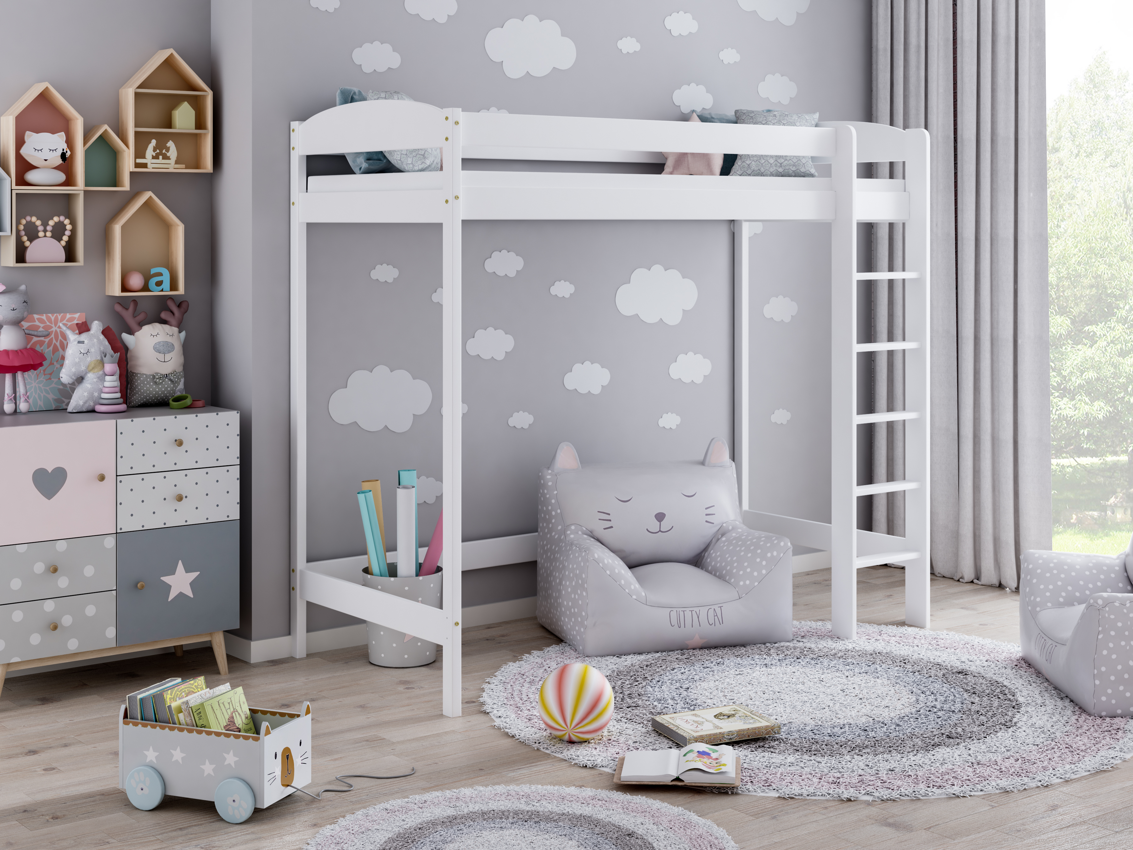 Loft Bed Etagenbett Hochbett Mit Treppe Kinderhochbett Hoch Bett Erwachsene Jugendliche Kinder, 160x80x180 weiß
