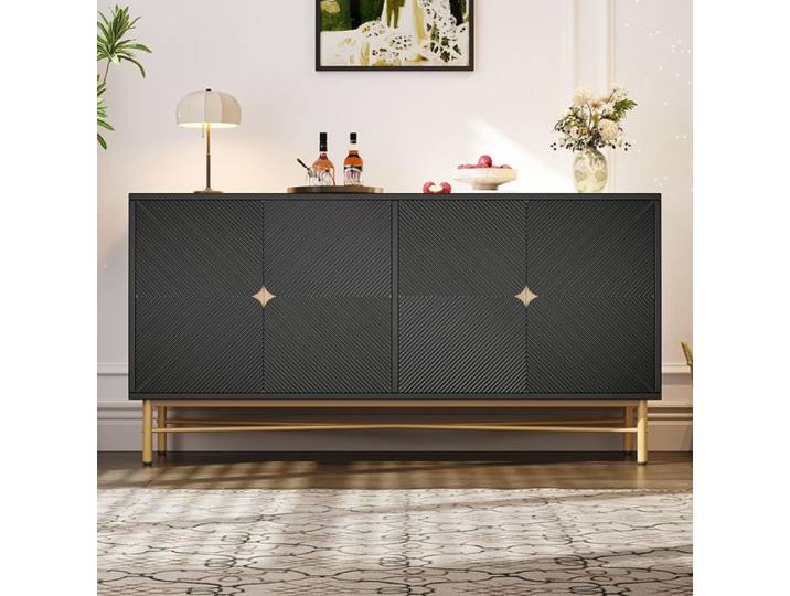 Buffet - Texture en relief - Noir mat - 4 portes - Fonction Soft-Close