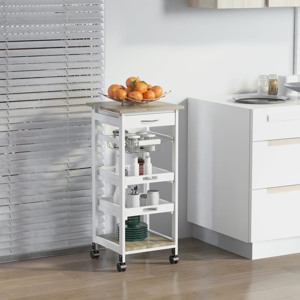Homcom Desserte cuisine panier plateaux tiroir étagère chêne clair blanc Blanc 37x82x37cm