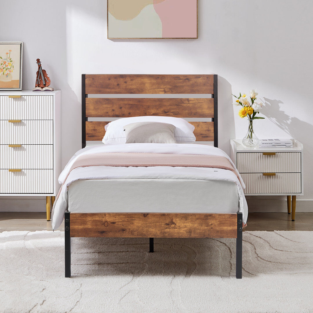 Rio Single Double Size Platform Bed Frame with Rustic Vintage Wood Headboard, Mattress Foundation, Bed Frame with Strong Steel Slats Support, No Box Sprin Retro Brown Single (3')