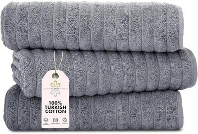 Classic Turkish Towels Cotton Bath Sheets Set of 3 Oversized Ribbed Towels, Ultra-Soft & Absorbent - 40x65
