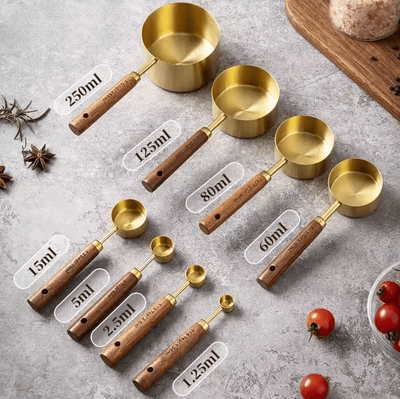 Uplift Curations BaristaCraft 8 Piece Stainless Steel Measuring Cups & Spoons With Wooden Handles 4pcs Measuring Cup