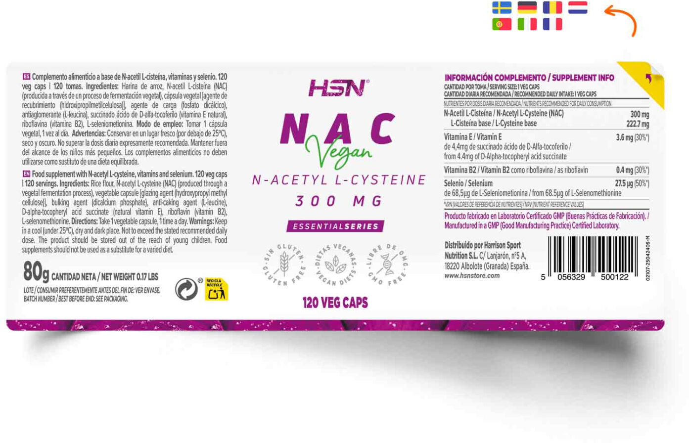 HSN NAC (N-acetil-L-cisteína) 300mg - 120 veg caps - Salud hepática - Cápsulas Vegetales - 120  Servicios