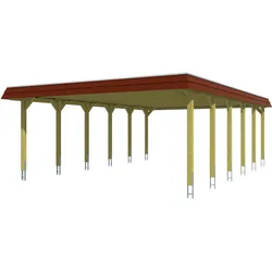 Skan Holz Walmdach Carport-585 x 893 cm-Blende rot-nussbaum Holzcarport