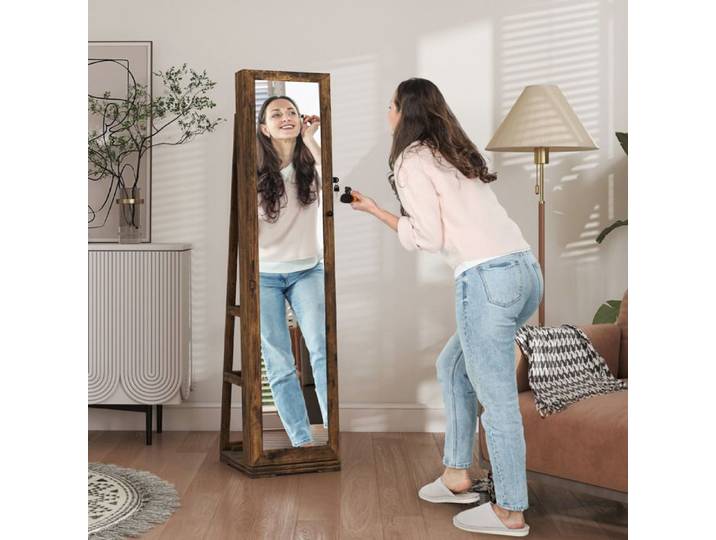 Armoire à Bijoux pivotante verrouillable boîte à bijoux avec Miroir - Armoire Bijoux Multi-Rangement - Brun Rustique