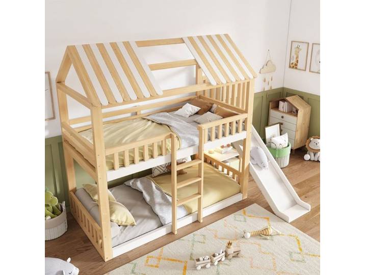 Lit superposé enfant - Toit pignon - 2x90x200 cm - Toboggan 35 cm - Blanc/Naturel