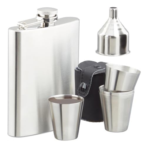 Relaxdays heupfles set van roestvrij staal, 7-delig, zilver en zwart, 200 ml