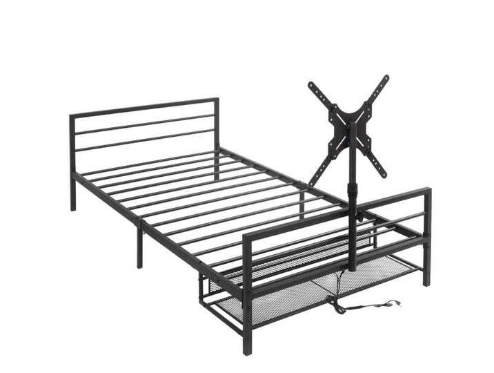 Modfu Metallbett aus Eisen 90x200 cm Schwarz mit LED-Beleuchtung, verstellbarer Monitorhalterung und Aufbewahrungskorb, Metall, 90x200 cm, Schlafzimmer, Betten, Metallbetten