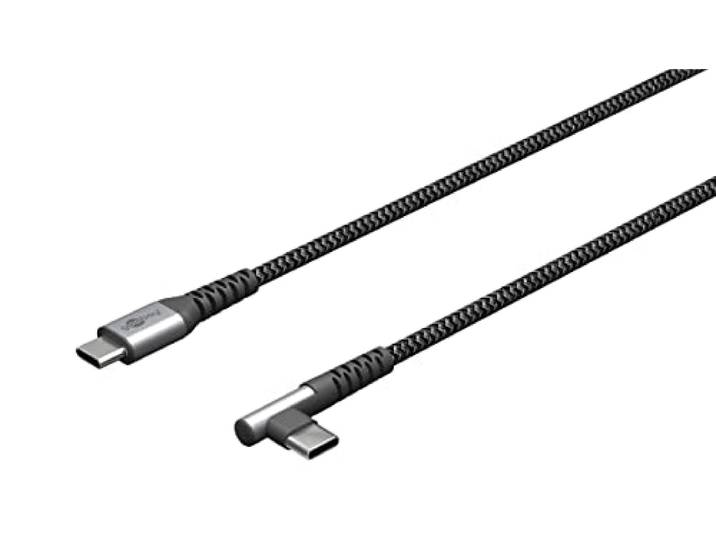goobay 64660 USB C naar USB C kabel met hoek van 90 graden/telefoonkabel 480 Mbits/USB C snellaadkabel Samsung 60W en 20V / textielkabel grijs 2m