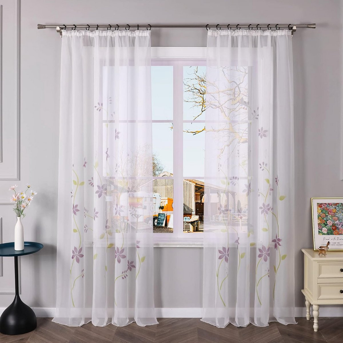 Transparant Vitrage Gordijn met Bloemenprint en Plooiband