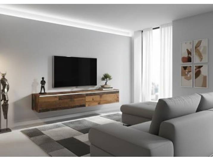MINIO go for it - TV Schrank Donna Breite 180 cm Lowboard mit LED Stehend oder Hängend, Fernsehschrank für das Wohnzimmer, Laminierte Spannplatte, Moderner Stil, Oldwood