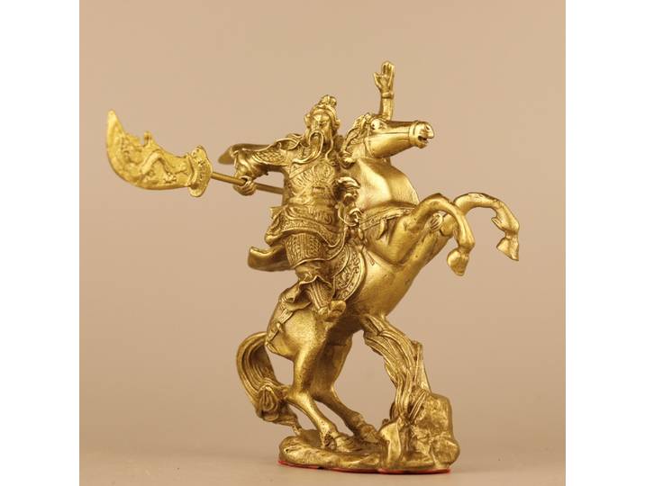 Guan Yu Statue du général Guan Ride A Horse Worship Hall, Maison de ville, Collection de temple tibétain, Vieux laiton, Fidélité, 6 po
