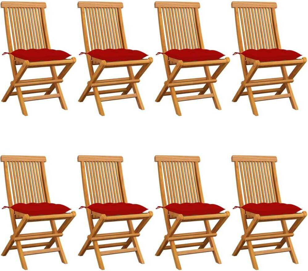 Klappstühle mit roten Kissen, 8-teilig, Massivholz Teakholz