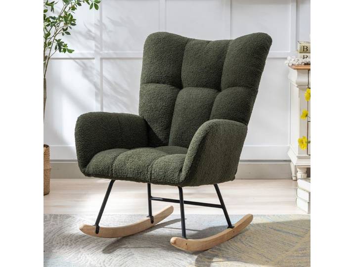 Fauteuil à Bascule Rocking Chair Tissu Bouclette Teddy Vert - Fauteuil d'Allaitement Confortable avec Pieds en Bois pour Salon