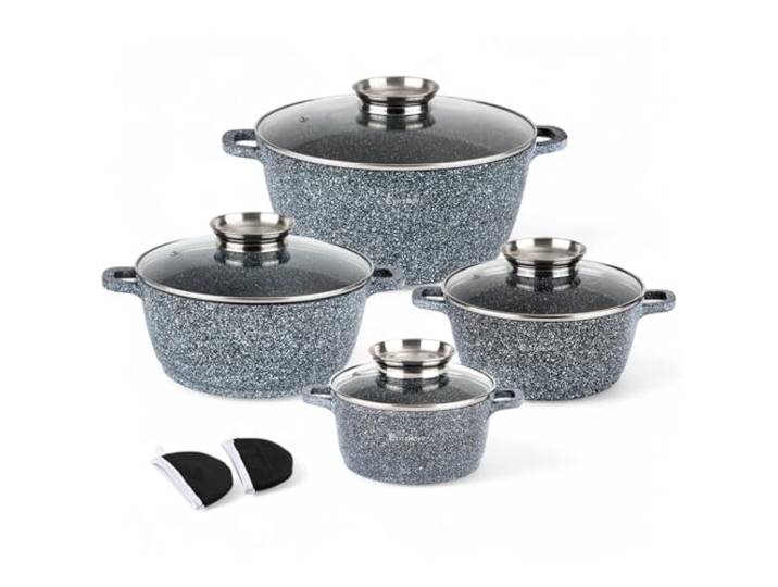 EliteHoff Kochtopf Set Induktion, Topf aus Aluminiumguss mit Antihaftbeschichtung, Topfset mit Glasdeckel für alle Herdarten inkl. Induktion, Gas, Elektro, Halogen, Keramik (Grau, 8-teilig)