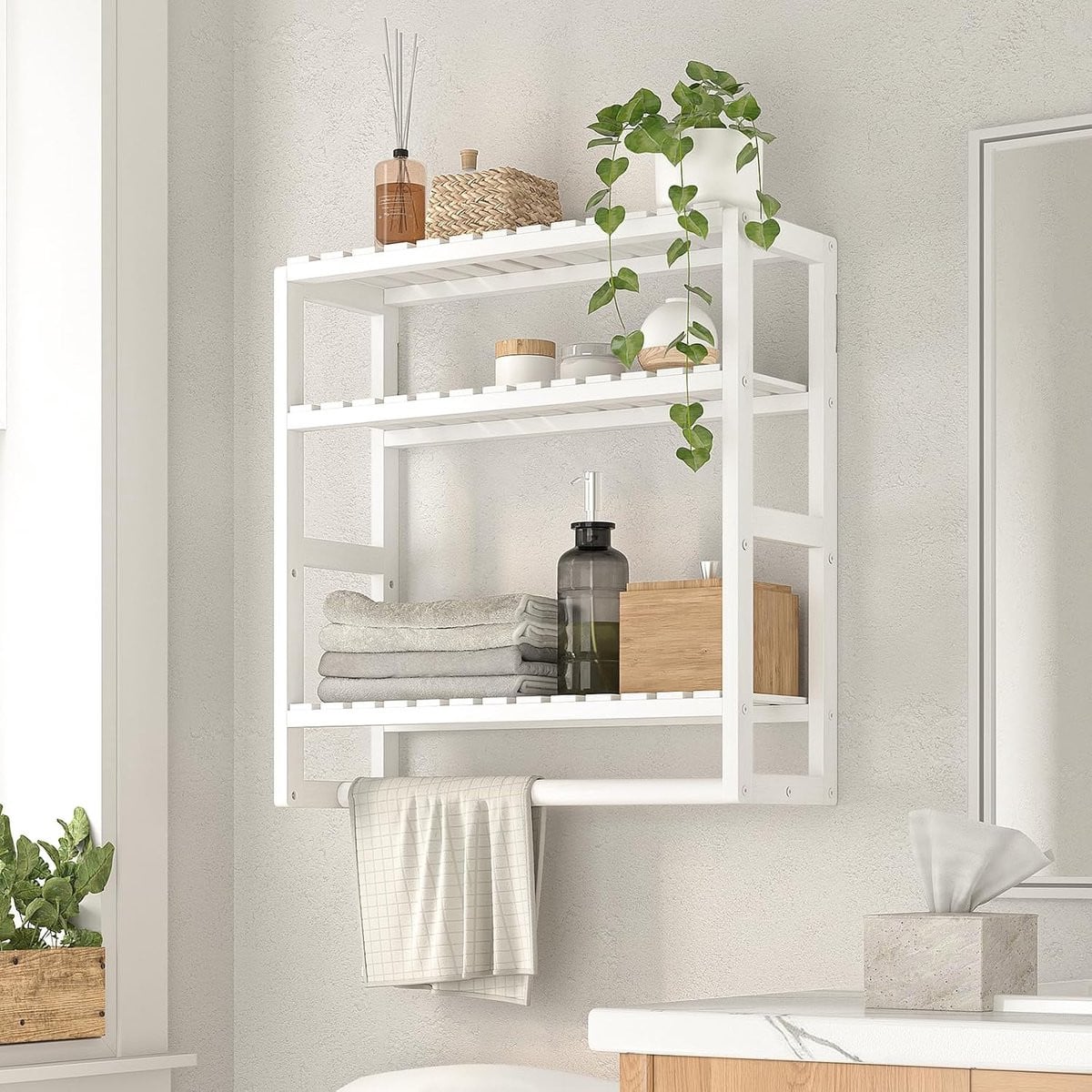 3-laagse bamboe badkamerplank met instelbare planken, muurbevestigde organizer voor de badkamer of woonkamer