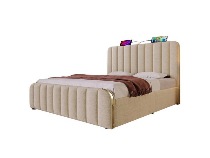 Redom Polsterbett 140/190 cm mit Usb- und Type-C-Anschluss, hydraulischem Stauraum und Zierstreifen, Beige, 140x190 cm, Schlafzimmer, Betten, Polsterbetten