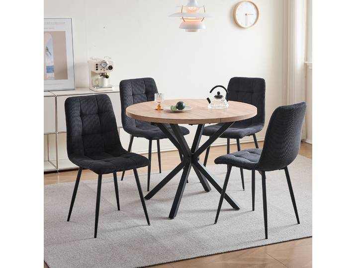 Table à manger ronde nordique GrandCA HOME et ensemble de 4 chaises de salle à manger en tissu corduroy pour salle à manger, cuisine, restaurant, 100 cm