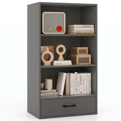 Costway 48 Inch Tall 4 Tiers Wood Bookcase with Drawer-Gray