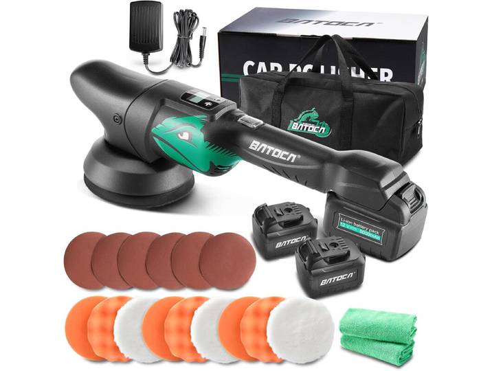 BATOCA S2 Polisseuse de voiture sans fil, Affichage LCD de vitesse 2000-4500 tr/min, Lustreuse excentrique/orbitale 8 mm, Kit de polissage auto avec 2 batteries 5000 mAh, Éponge de polissage 125 mm