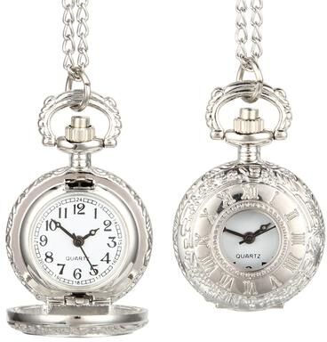 Handpicked Choices Vintage Pocket Watch Necklace Dual Time Roman Dial Pendant Gift For Men And Women sliver