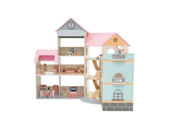 KOMFOTTEU Puppenhaus, 3-stöckiges Dollhouse mit 7 Zimmern, 42 Zubehörteilen