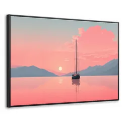 LEINWAND Bilder mit Rahmen - Segelboot - Rosa Meer - Sonnenuntergang - Berge - 140x90