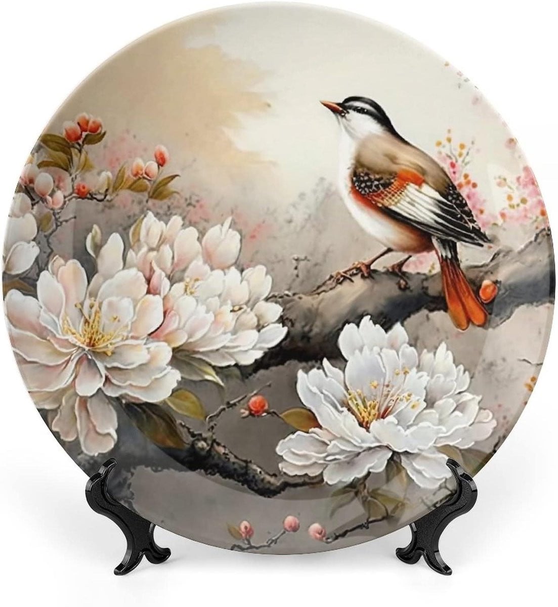 Decoratieve Keramische Wanddecoratie met Vogel en Pioenroos - Multicolor - 20 cm